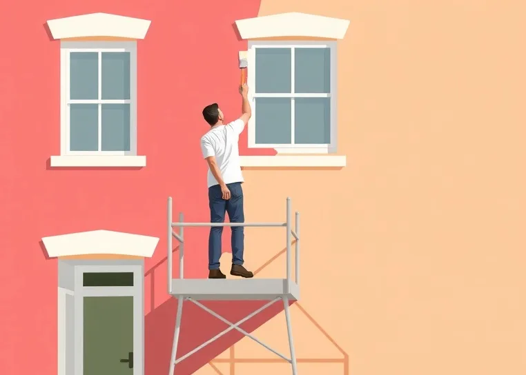 Peintre sur échafaudage traitant la façade d'une maison