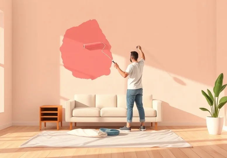 Peintre appliquant la peinture au rouleau sur un mur de salon